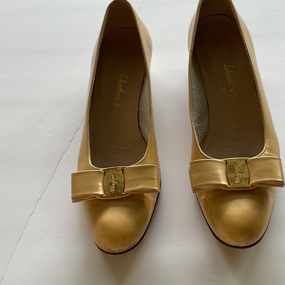 Salvatore Ferragamo Gold Flats with Bow Detail, 1980